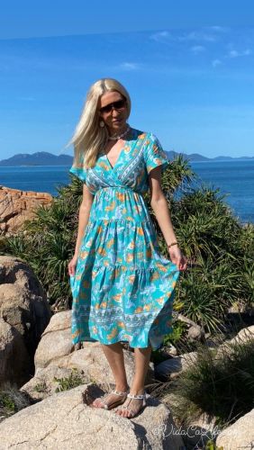 Bohemian Teal Midi Dress -Floral Pattern